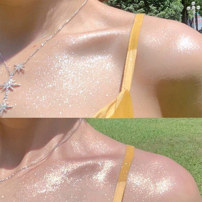Minkissy loose highlighter powder spray being applied onto styled hair for festival look