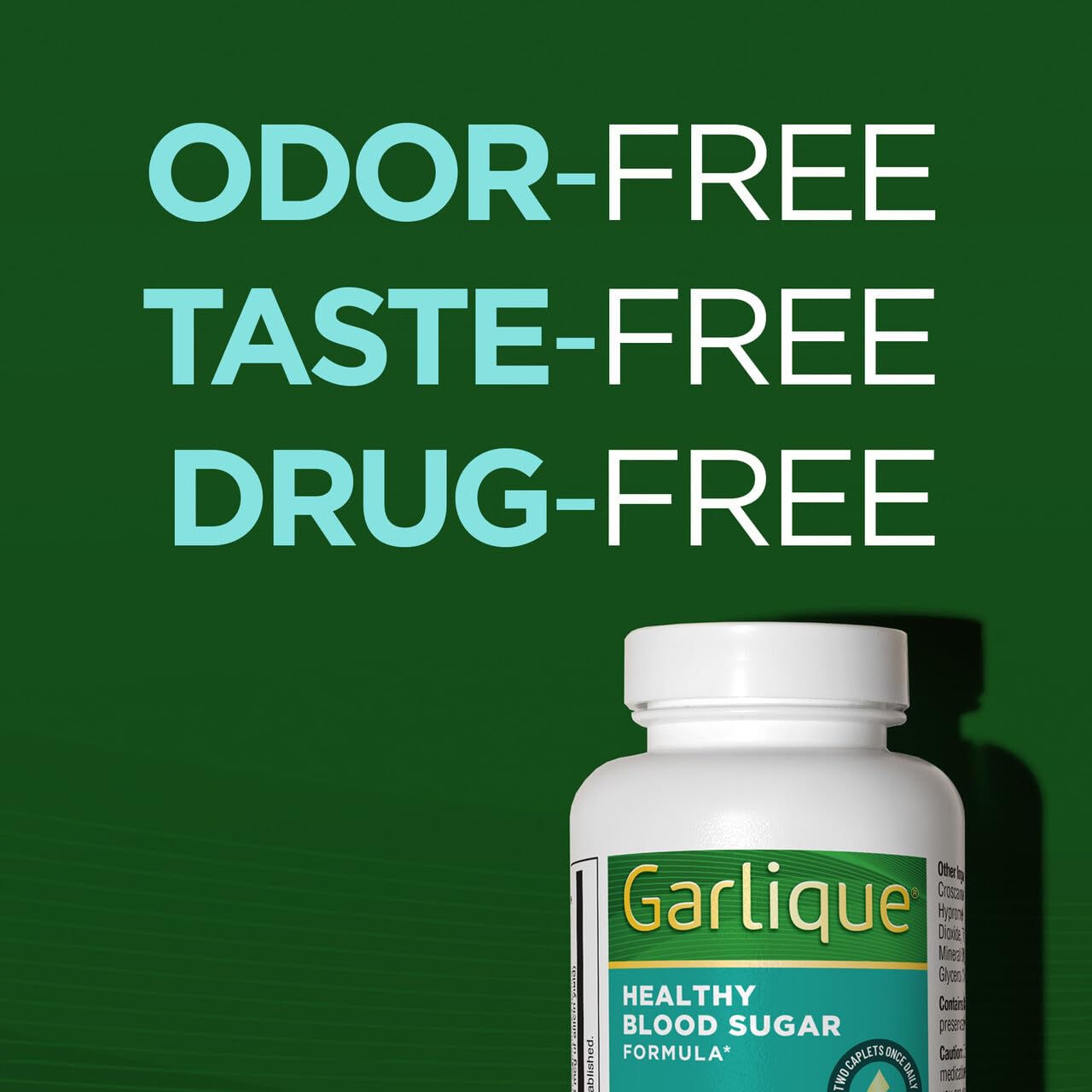 Side view of Garlique blood sugar support caplets showing dosage instructions.