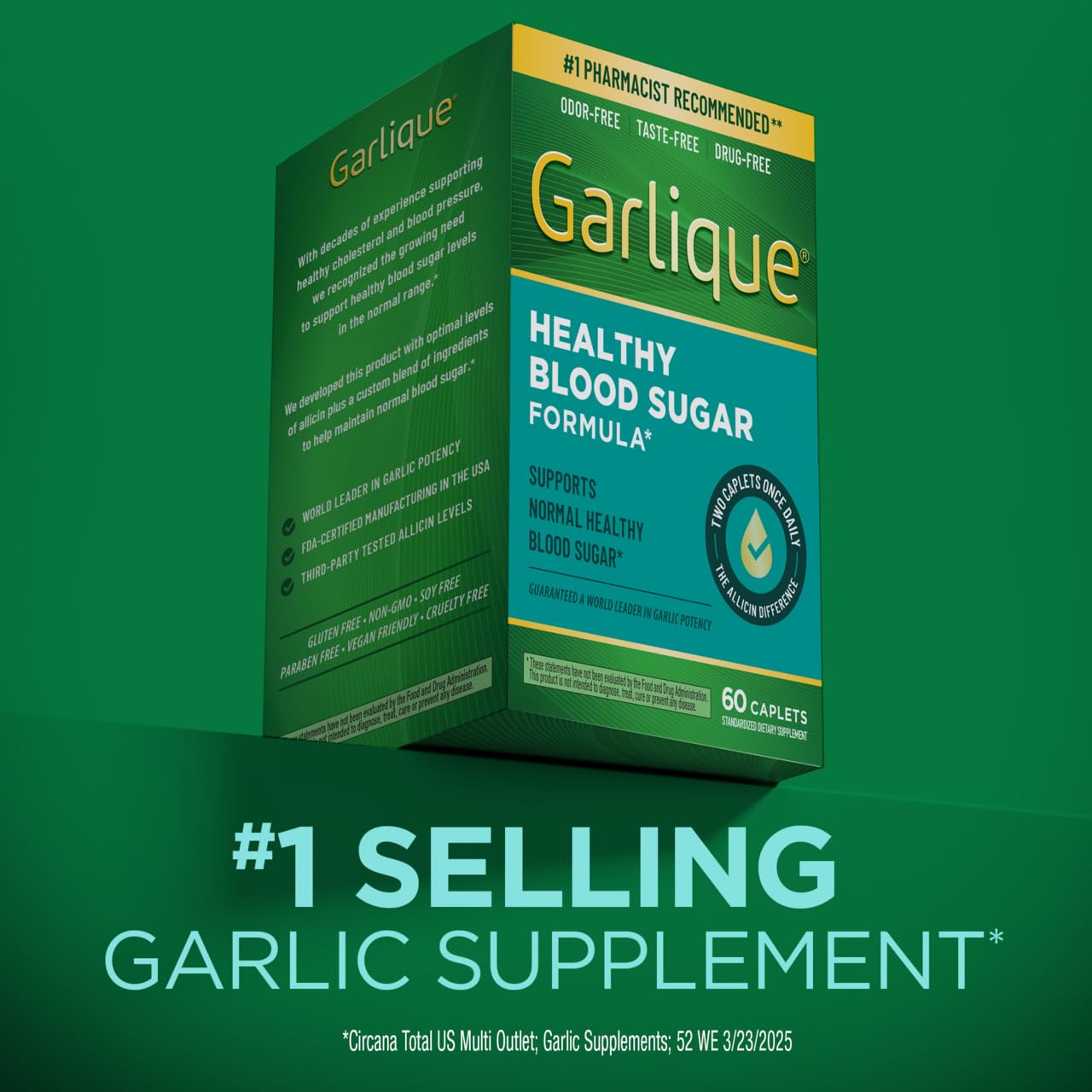 Garlique 60 count vegan caplets packaging detailing the odor free garlic formula.