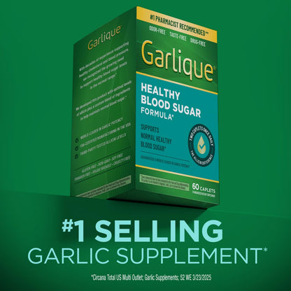 Garlique 60 count vegan caplets packaging detailing the odor free garlic formula.