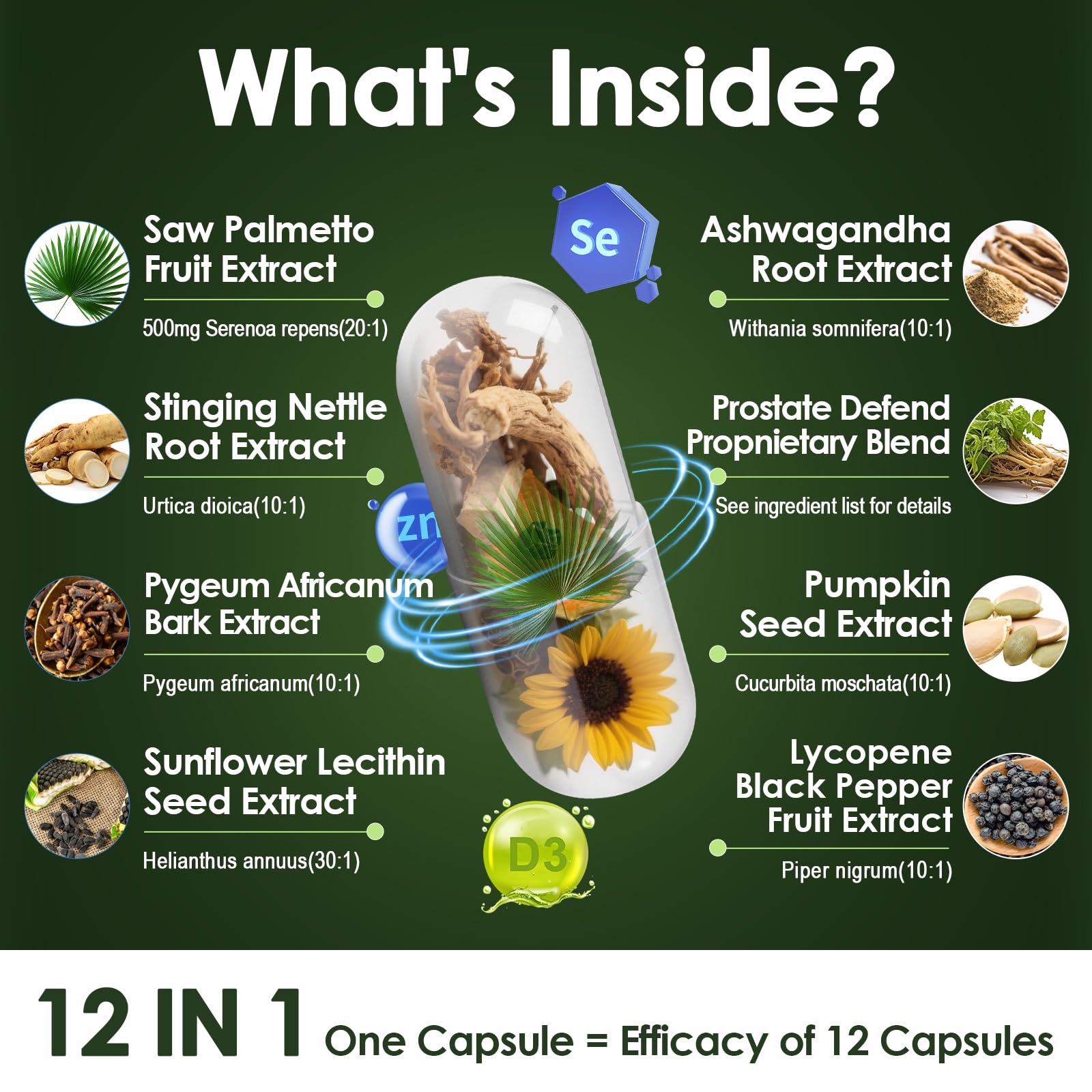 Totaria 15X Prostate Defend supplement bottle label highlighting pumpkin seed and ashwagandha ingredients.