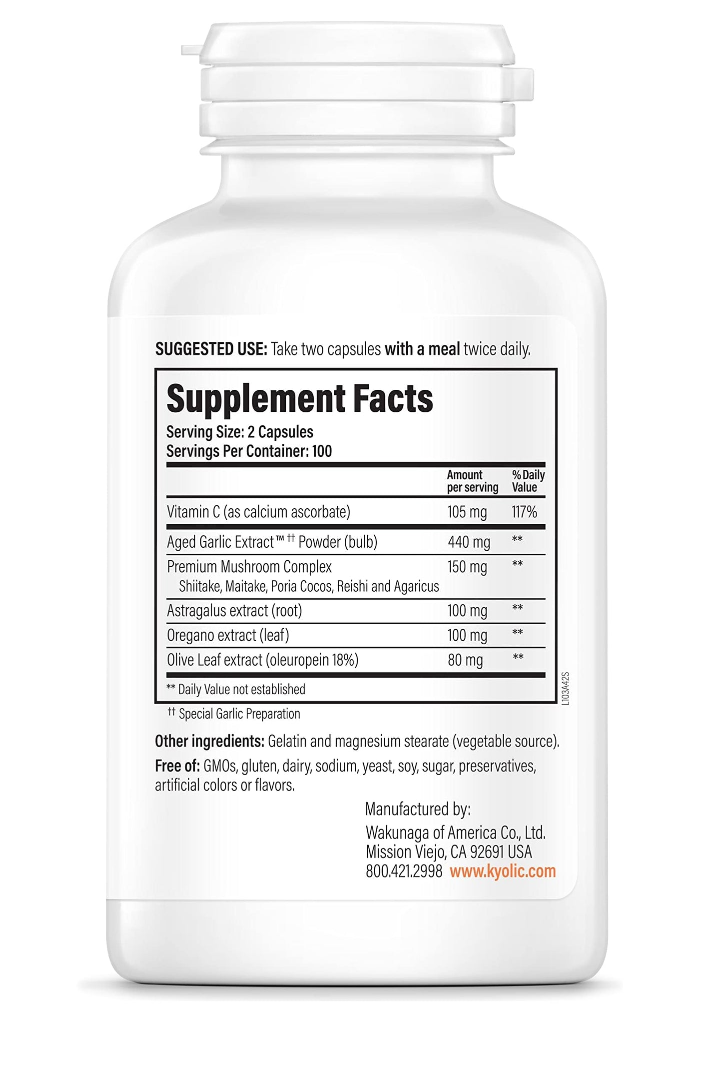 Kyolic 200 capsules bottle supplement facts showing mushroom complex and vitamin C