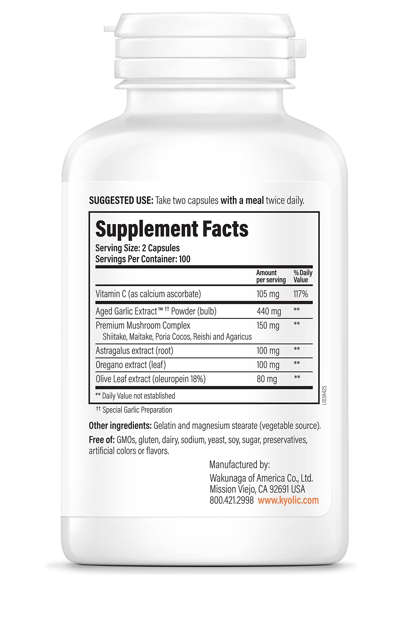 Kyolic 200 capsules bottle supplement facts showing mushroom complex and vitamin C