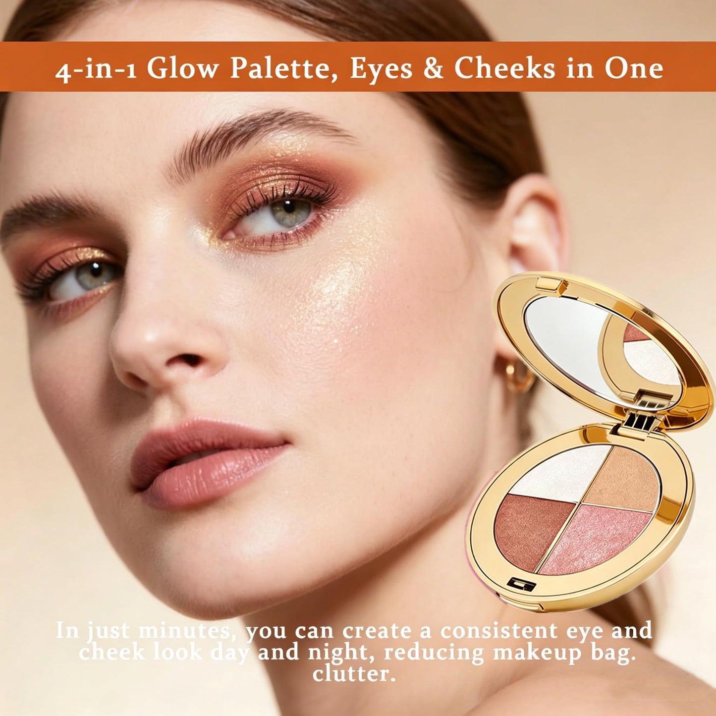 Tarte four in one face highlighter palette open showing internal mirror and powder shades