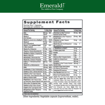 Emerald Labs Men's 45 Plus multivitamin supplement label showcasing coenzymated B-vitamins and saw palmetto ingredients