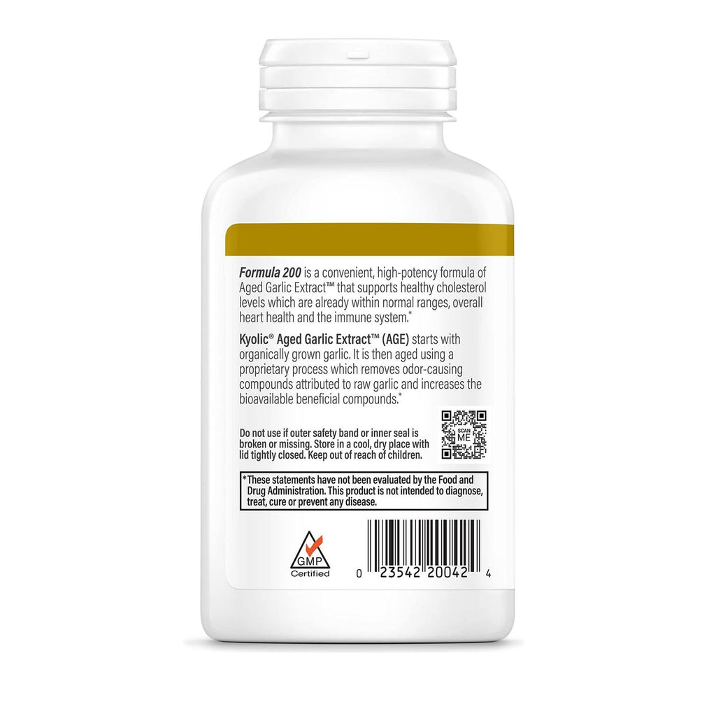 Kyolic Reserve Formula 200 odorless garlic dietary supplement packaging facts.