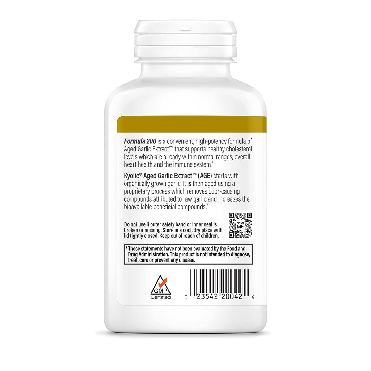 Kyolic Reserve Formula 200 odorless garlic dietary supplement packaging facts.