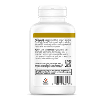 Kyolic Reserve Formula 200 odorless garlic dietary supplement packaging facts.