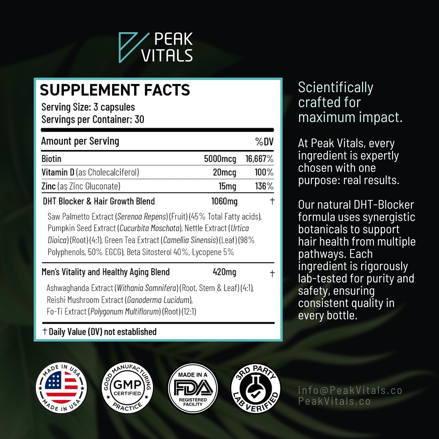 Peak Vitals DHT Blocker dietary supplement facts panel listing saw palmetto and biotin dosages.