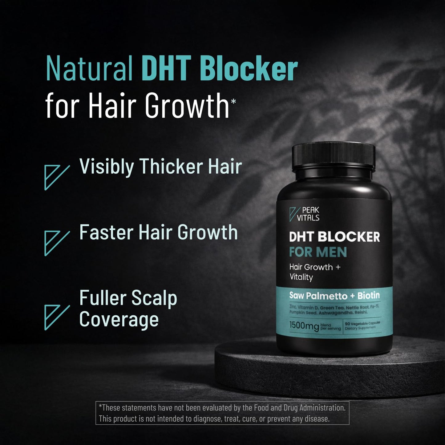 Premium imported hair growth vitamins for men displaying the 1500mg botanical blend properties.