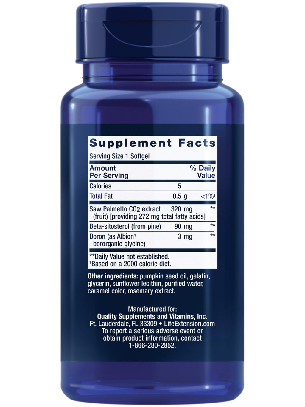 Life Extension PalmettoGuard prostate support supplement showing nutrition facts and ingredient breakdown.