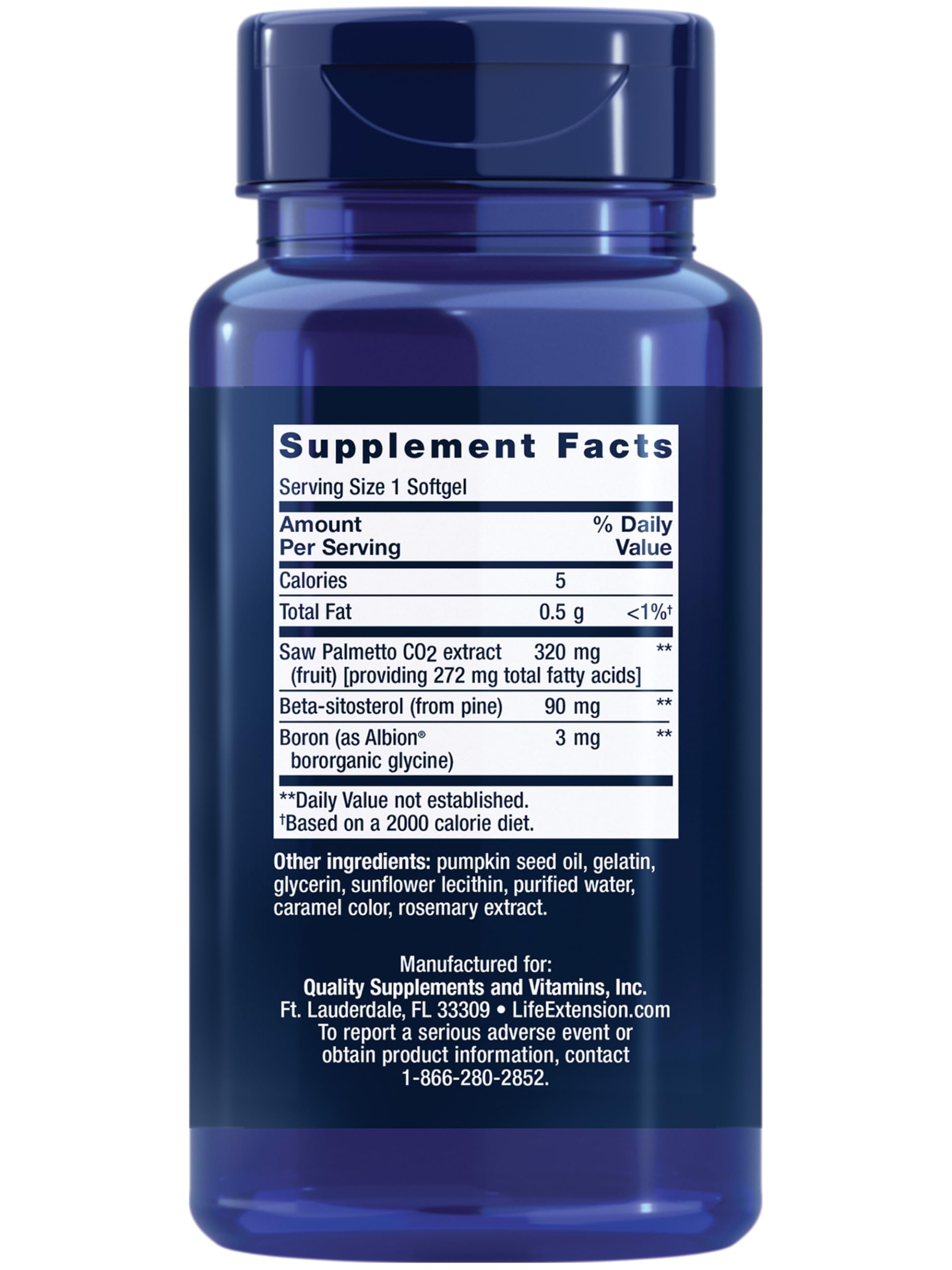 Life Extension PalmettoGuard prostate support supplement showing nutrition facts and ingredient breakdown.