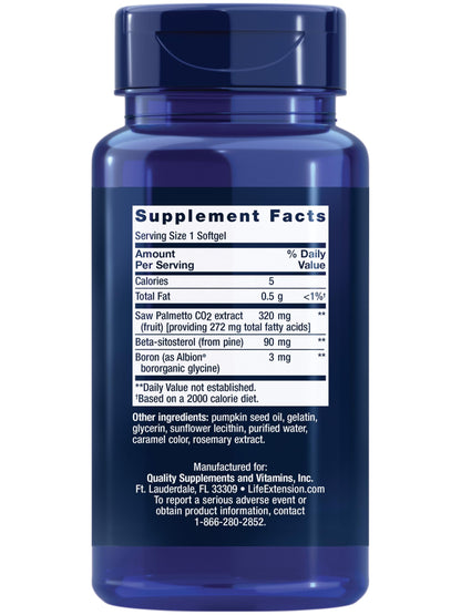 Life Extension PalmettoGuard prostate support supplement showing nutrition facts and ingredient breakdown.