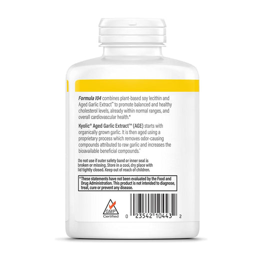 Side angle of Kyolic Formula 104 bottle showing dietary supplement facts and premium ingredients label