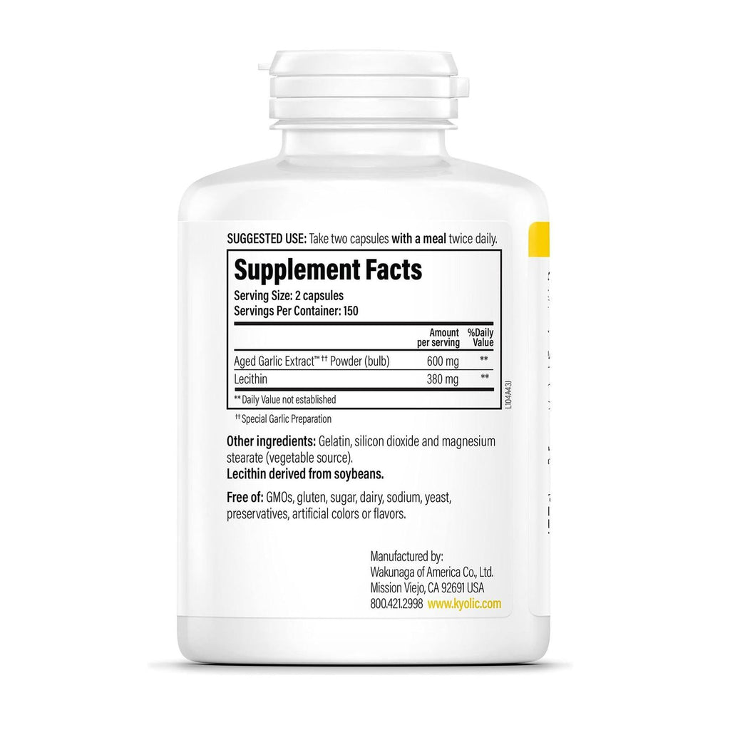 Back label of authentic USA imported Kyolic Aged Garlic Extract with lecithin directions and dosage guidelines