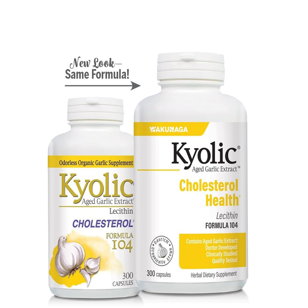 Kyolic Aged Garlic Extract Formula 104 container clearly displaying the odorless certified organic garlic logo