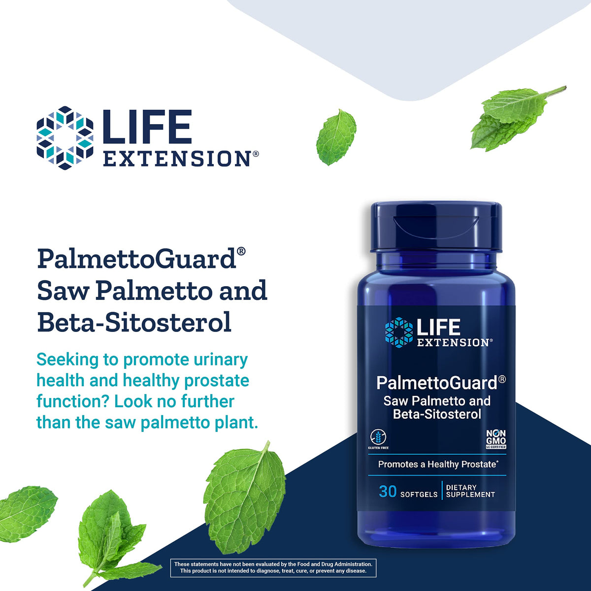Authentic Life Extension PalmettoGuard bottle highlighting gluten free and non GMO labels.