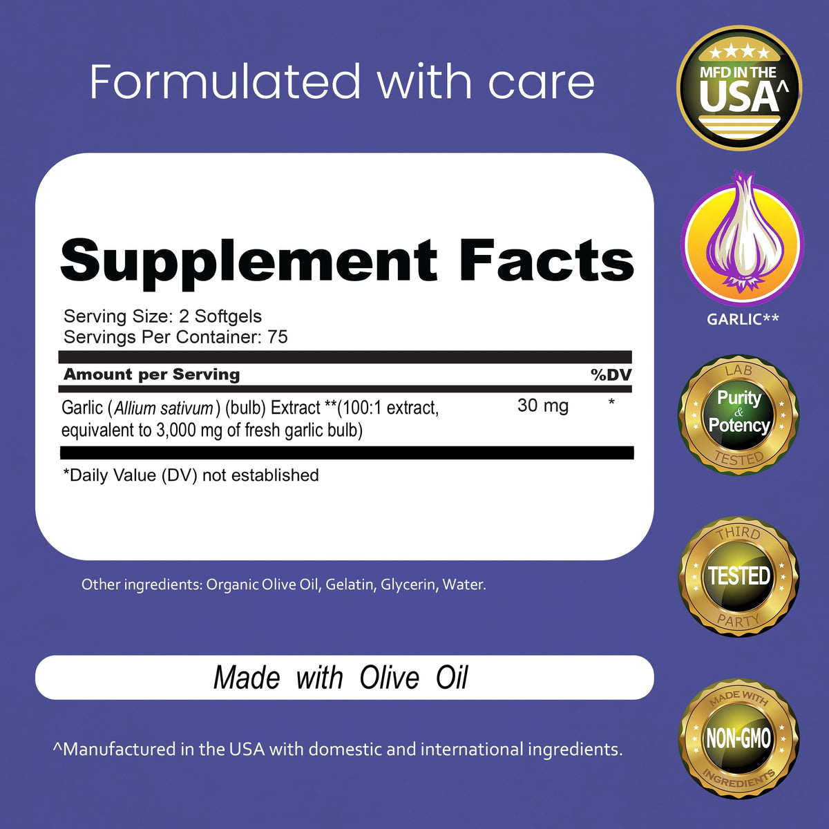 NaturaLife Labs garlic extract 150 softgels nutritional label and ingredient list
