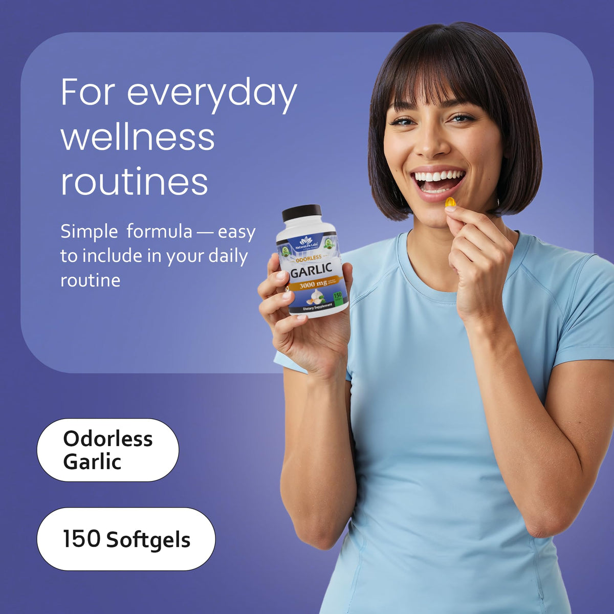 Premium USA imported garlic supplement bottle showing non GMO and gluten free badges