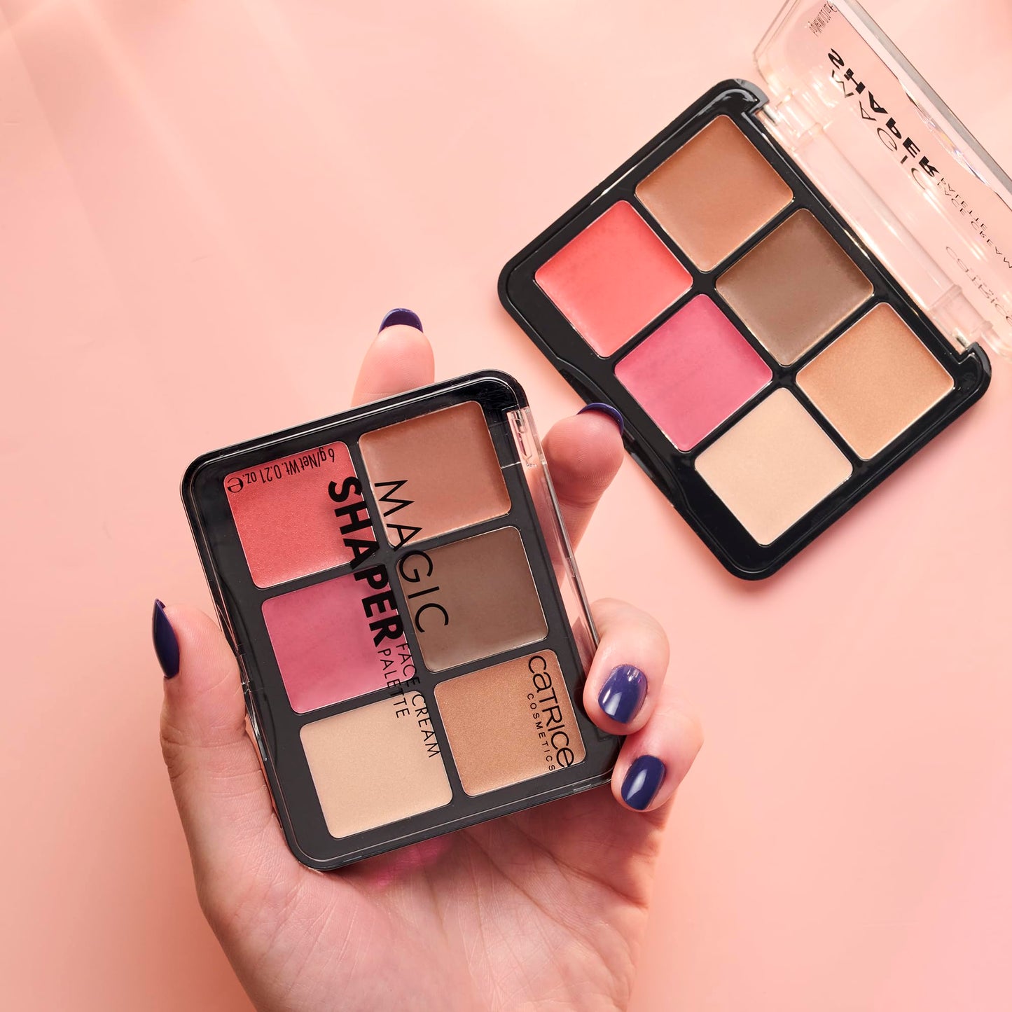 Catrice Magic Shaper face palette being applied with a makeup brush to demonstrate smooth blendability.