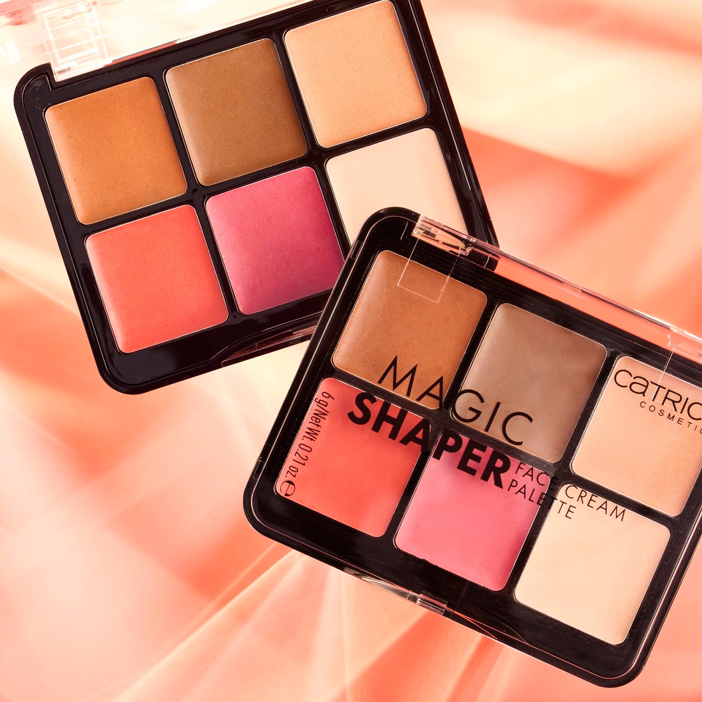 Lifestyle shot of the authentic Catrice imported cream makeup palette alongside professional cosmetic brushes.