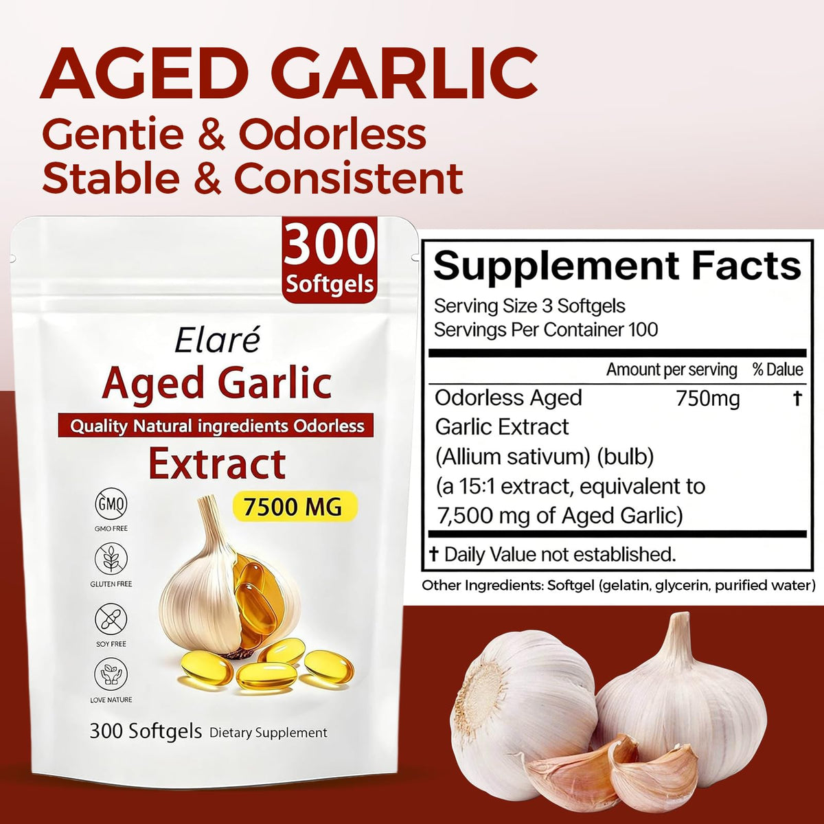 Elare odorless garlic supplement packaging showing 15 to 1 concentration details.