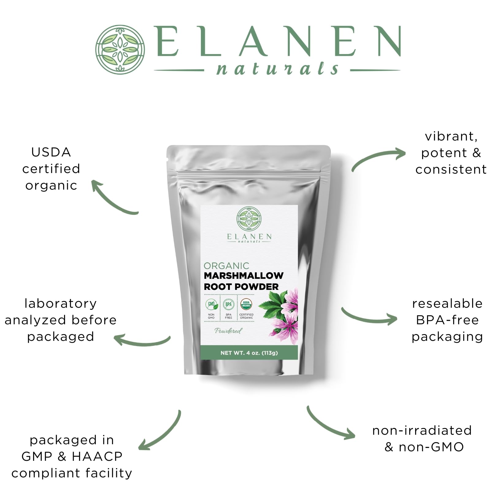 Close up of Elanen Naturals USDA certified organic marshmallow root powder packaging