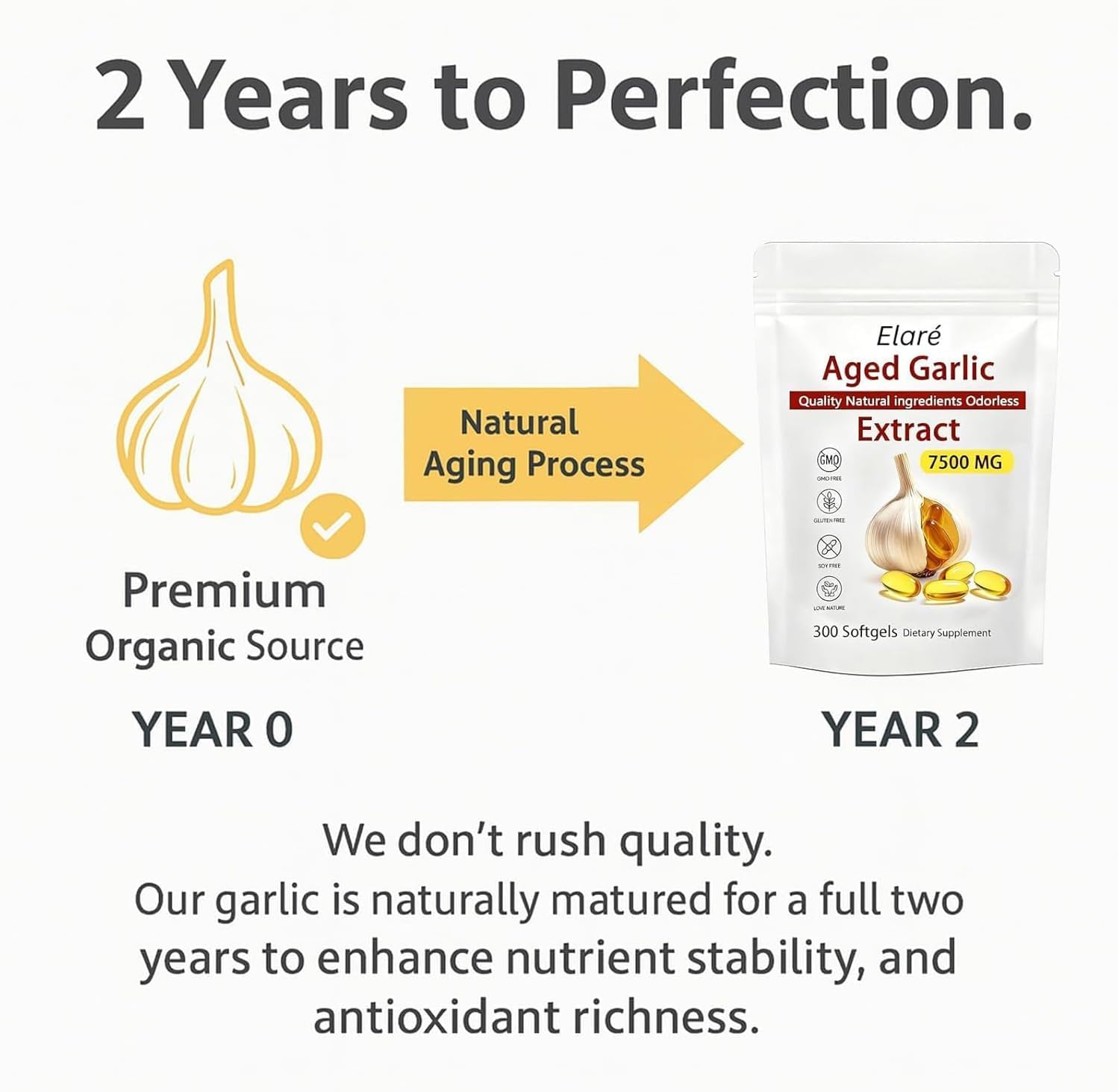 Close up of Elare two year matured garlic softgels for immune system defense.
