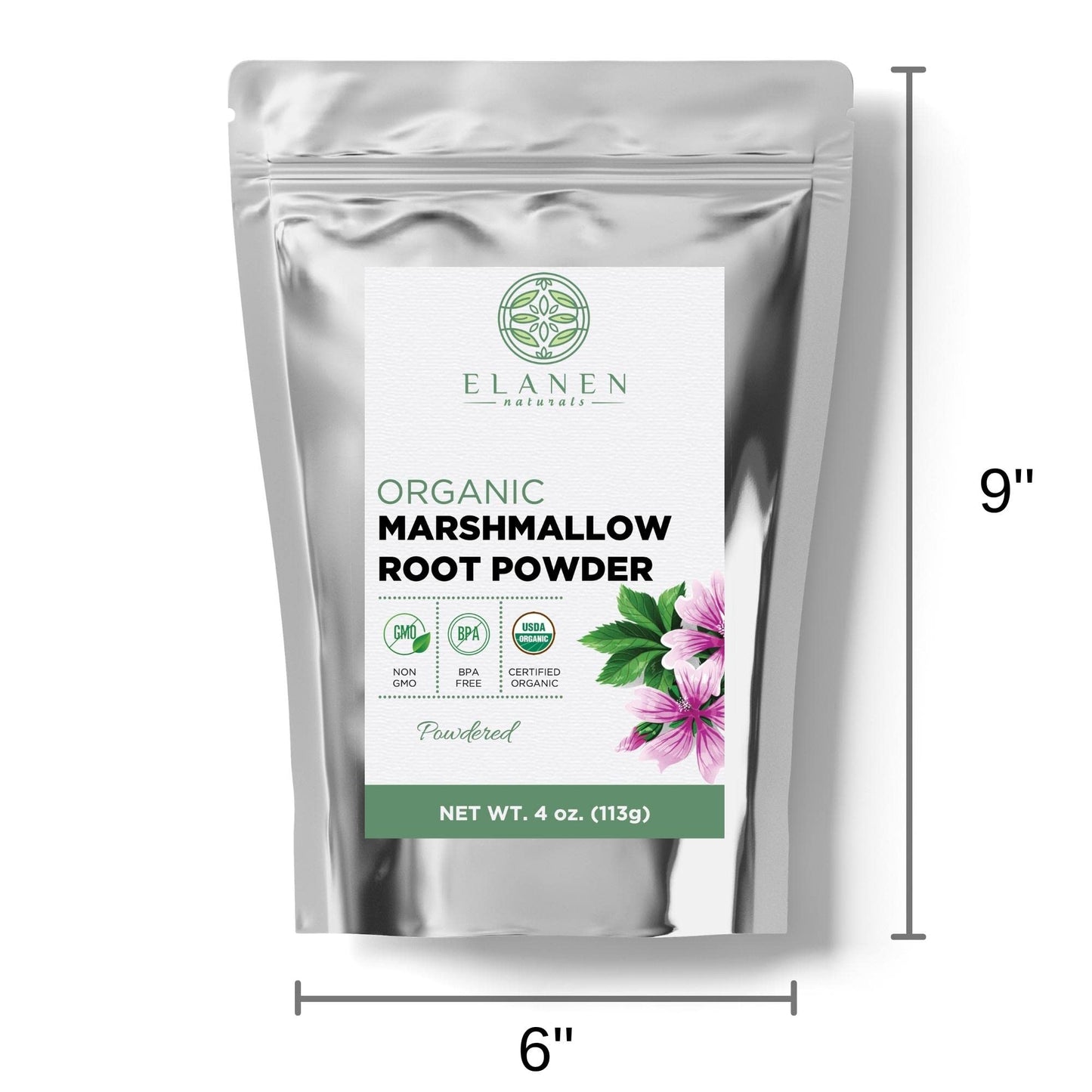 Back label of Elanen Naturals Marshmallow Root Powder showing ingredient details