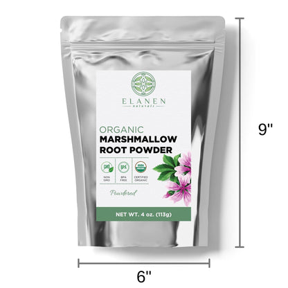 Back label of Elanen Naturals Marshmallow Root Powder showing ingredient details