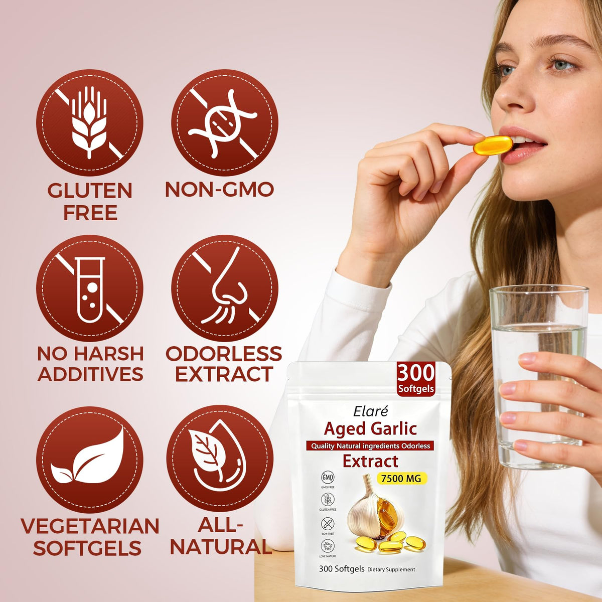 Elare aged garlic extract pills demonstrating clean vegetarian friendly ingredients.