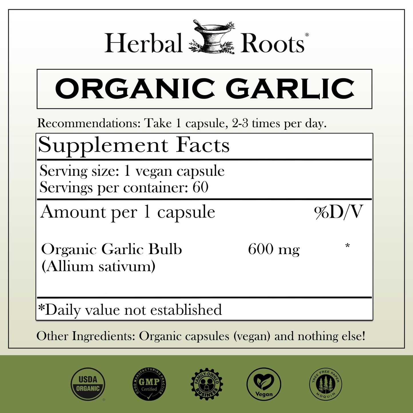 Herbal Roots garlic capsules organic supplement supplement facts label view