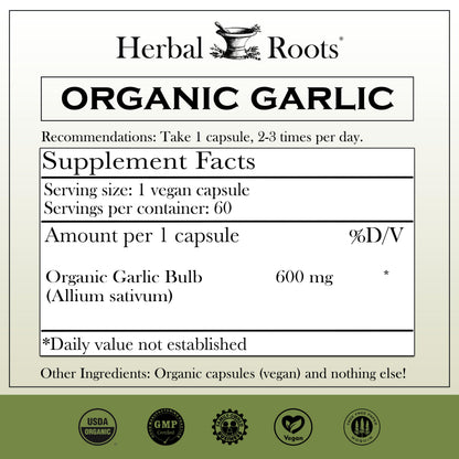 Herbal Roots garlic capsules organic supplement supplement facts label view
