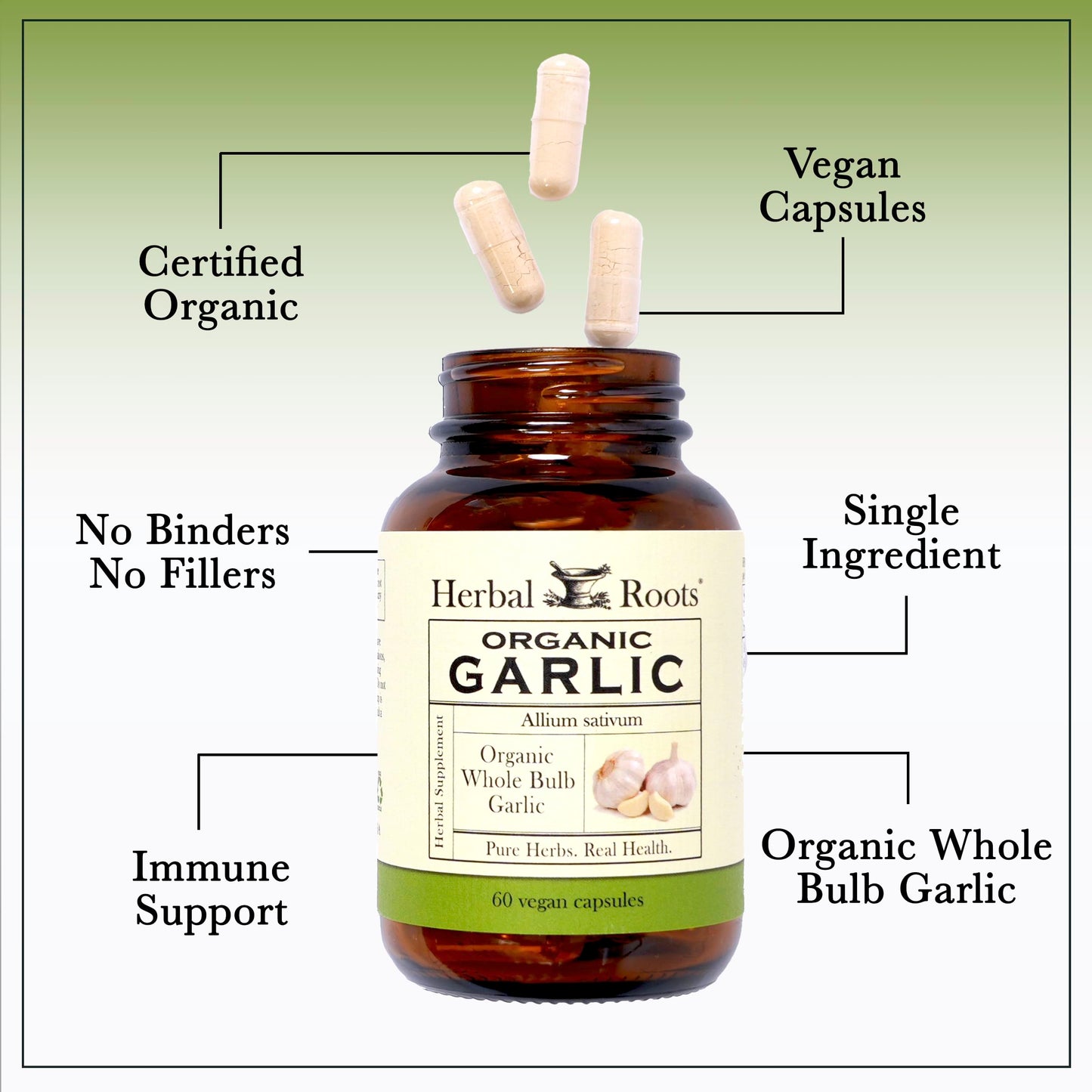 Six hundred milligram organic whole bulb garlic pills vegan capsule close up