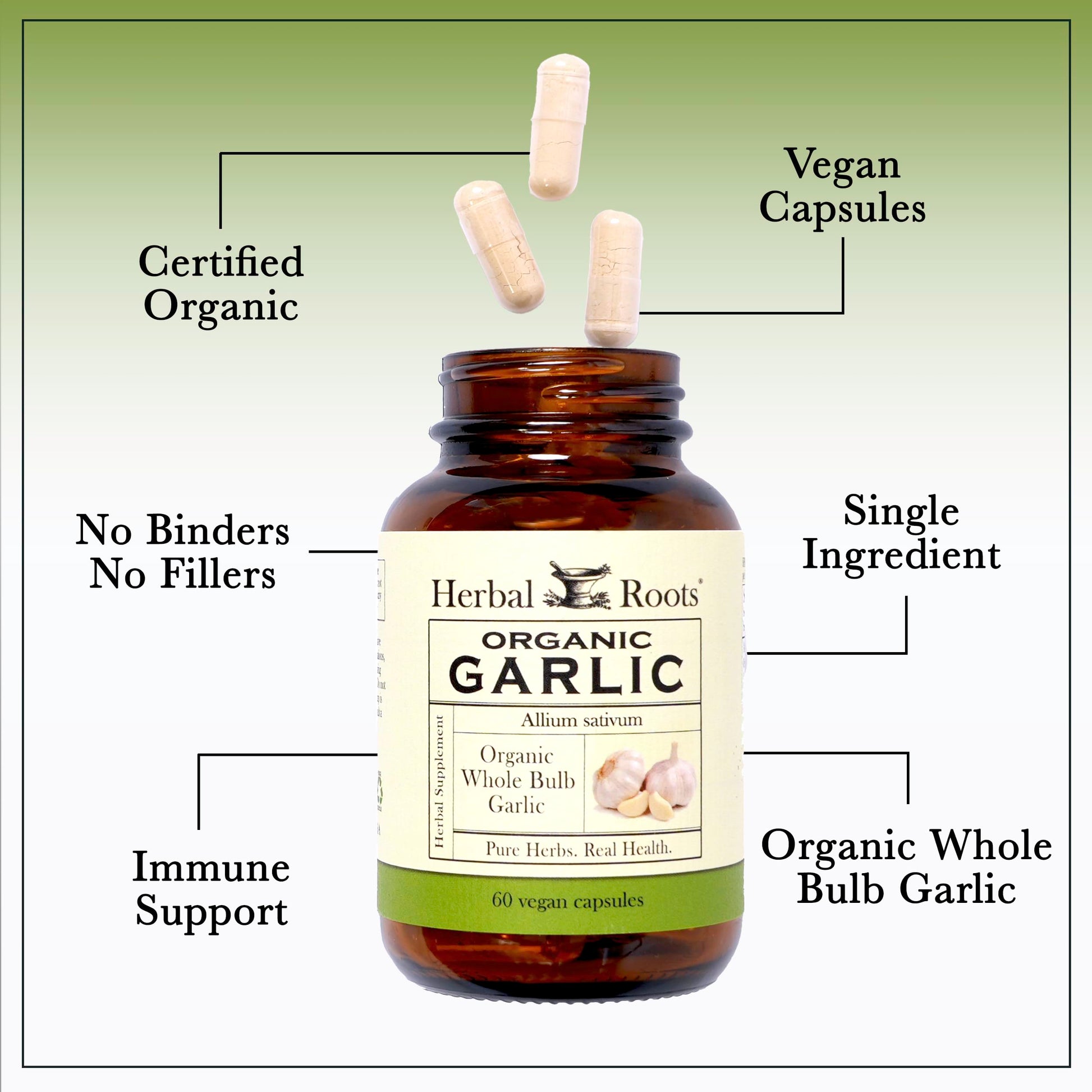 Six hundred milligram organic whole bulb garlic pills vegan capsule close up