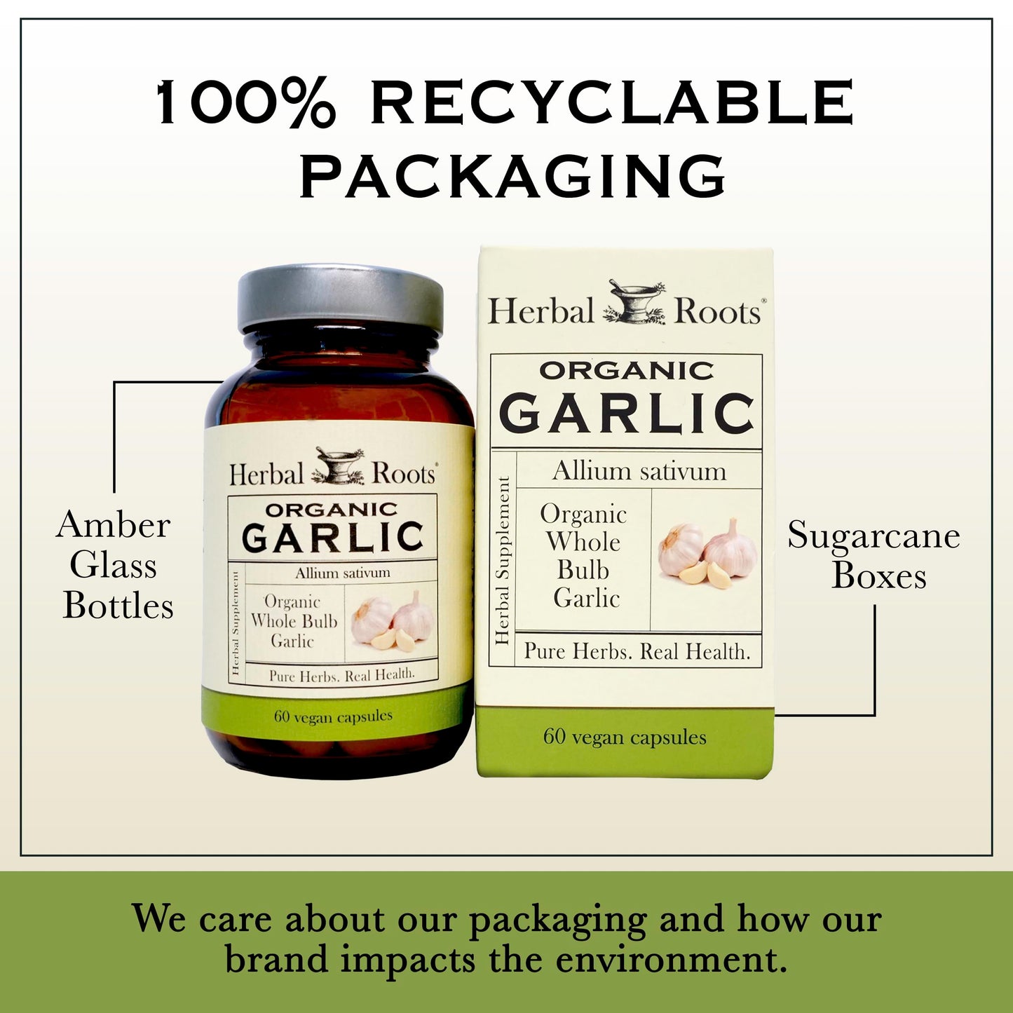 Herbal Roots herbal supplement certified organic seal on glass packaging