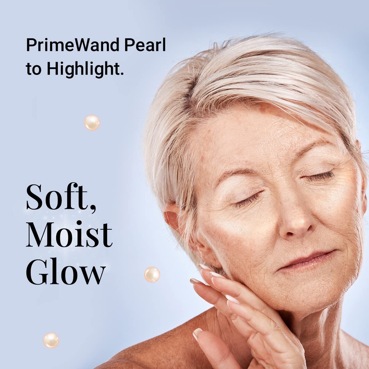 Authentic USA imported PrimeWand Pearl highlighter being applied to cheekbones