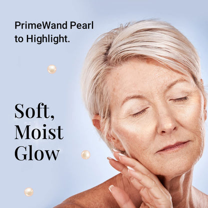 Authentic USA imported PrimeWand Pearl highlighter being applied to cheekbones