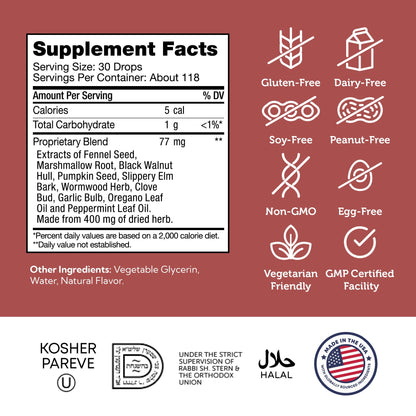 Zahler ParaGuard gut health supplement packaging showing the herbal ingredients list.