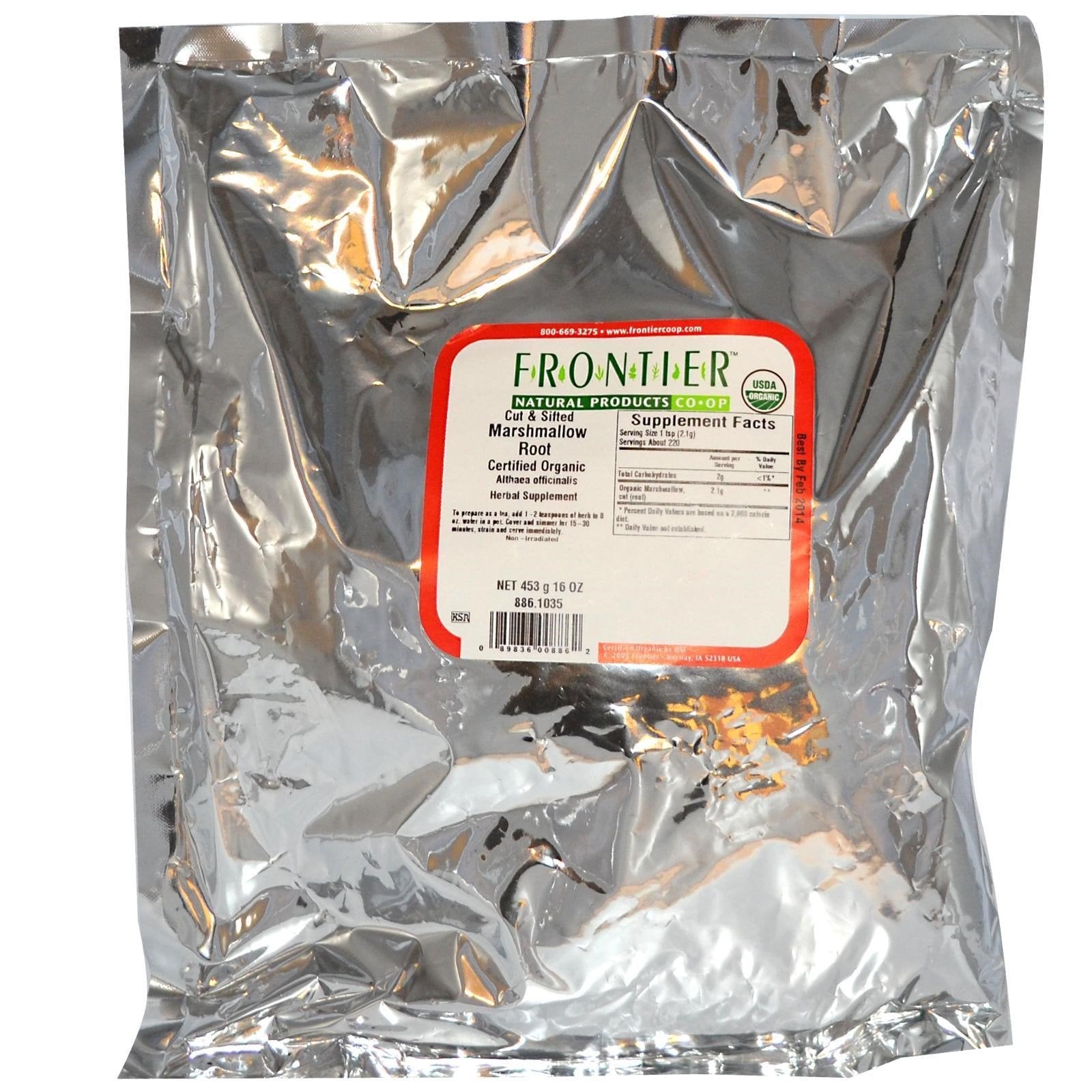 Close up of Frontier Co-op organic dried marshmallow root pieces