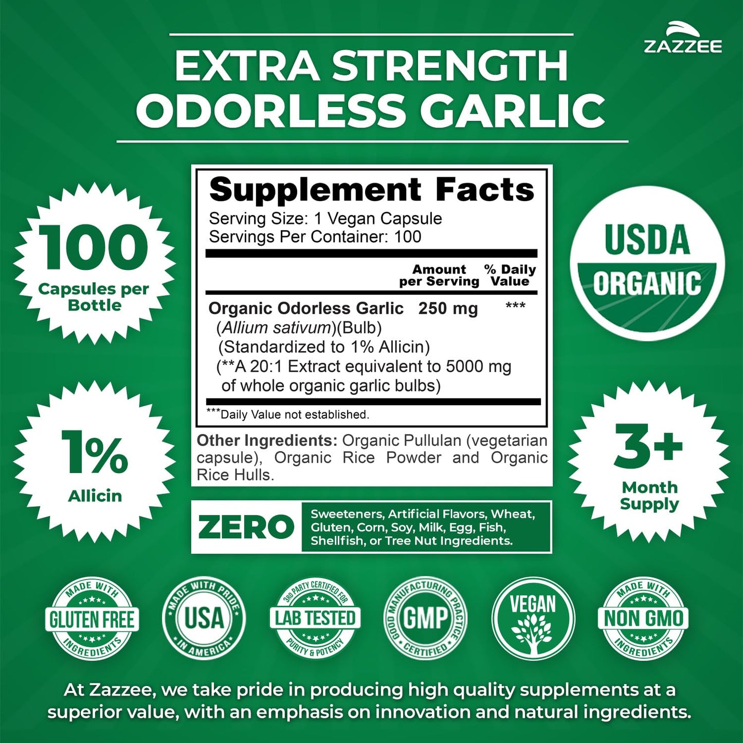 High potency odorless garlic capsules by Zazzee Naturals displaying 20:1 concentration details.