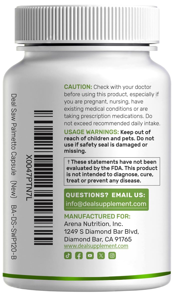 Back label of Deal Supplement Saw Palmetto showing standard serving size of two capsules