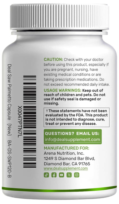 Back label of Deal Supplement Saw Palmetto showing standard serving size of two capsules