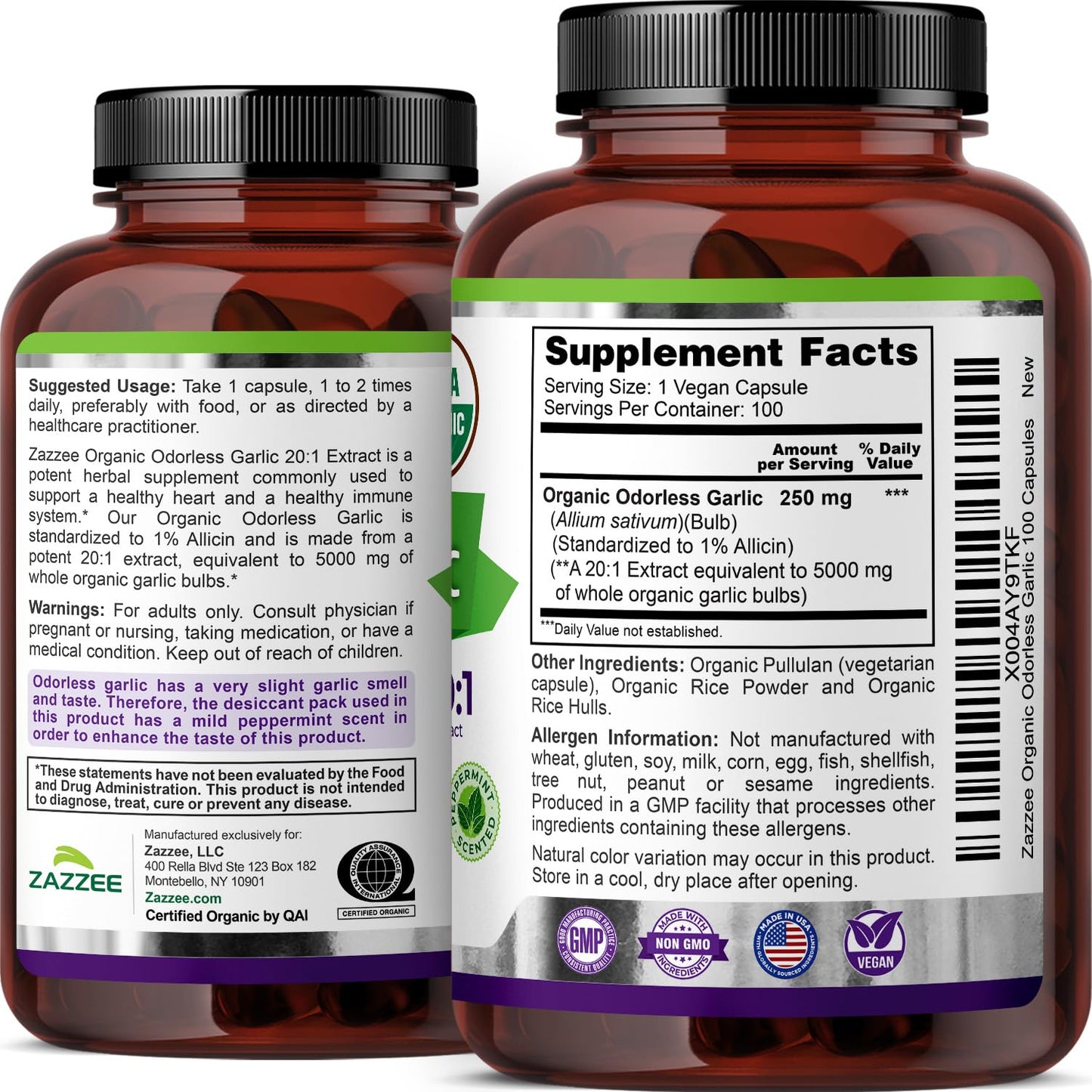 USA manufactured Zazzee Naturals garlic herbal formulation showcasing 3 month supply specifications.