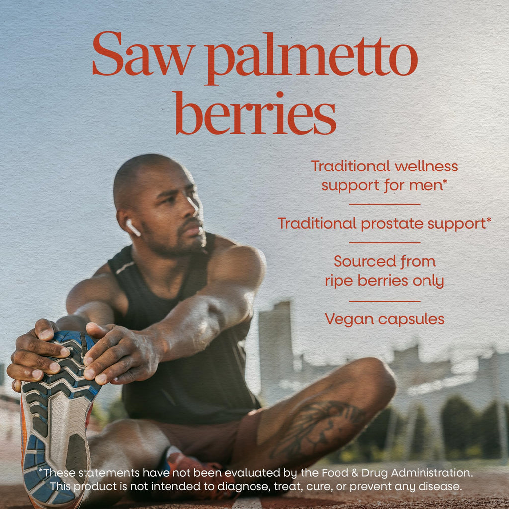 Nature's Way Saw Palmetto Berries bottle showing the 97 percent post-consumer recycled plastic material label.