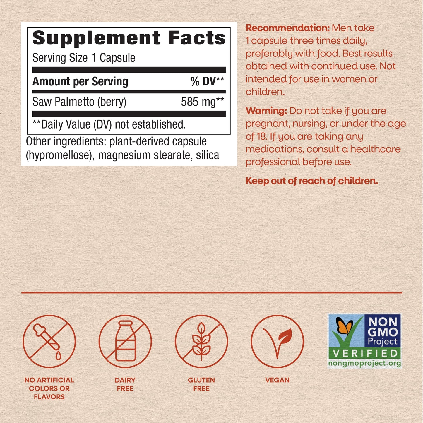 Nature's Way Saw Palmetto Berries dietary tracking code and TRU-ID certification stamp.