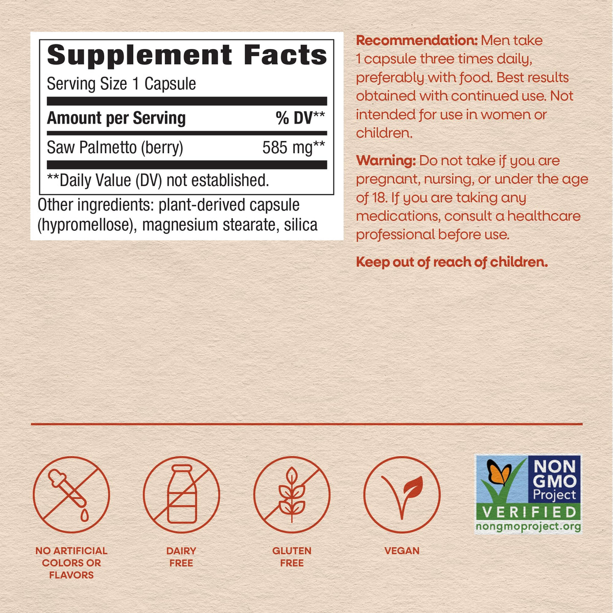 Nature's Way Saw Palmetto Berries dietary tracking code and TRU-ID certification stamp.