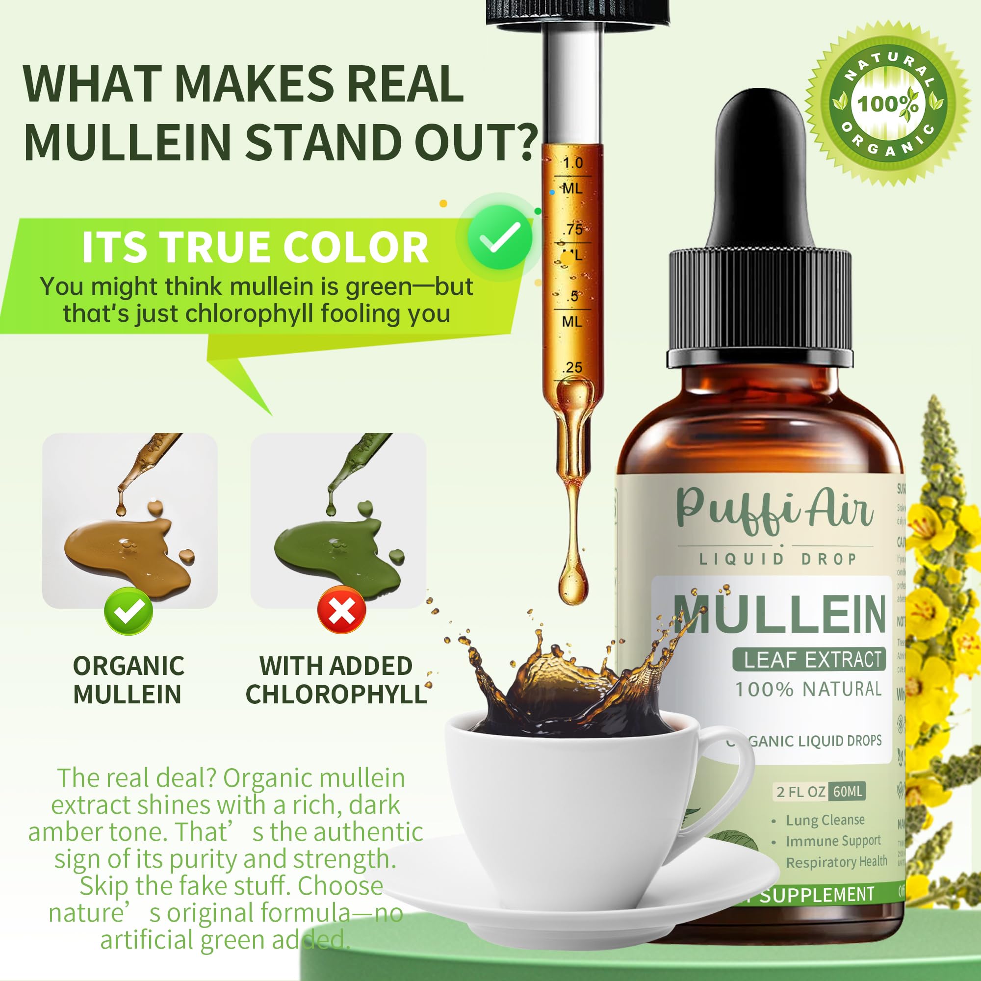 Puffiair Mullein Drops bottle showing herbal supplement ingredients