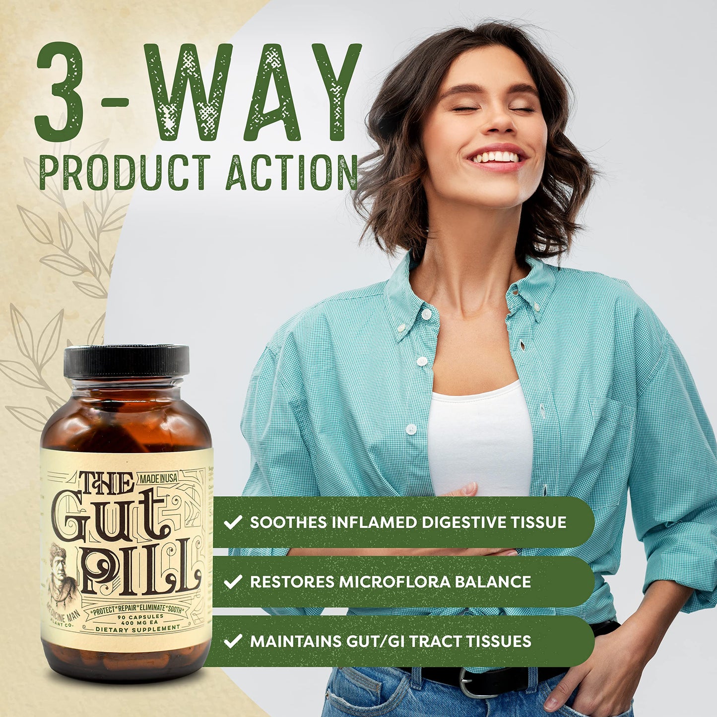 Close up of The Gut Pill bottle branding and logo