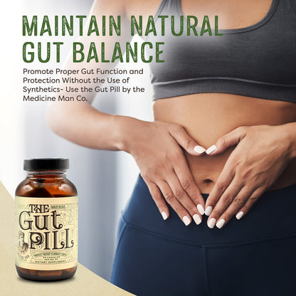 Side view of The Gut Pill 90 capsule bottle packaging